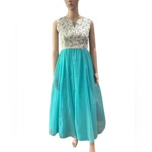 True vintage 1960s handmade Aqua brocade Paisley hostess dress – medium